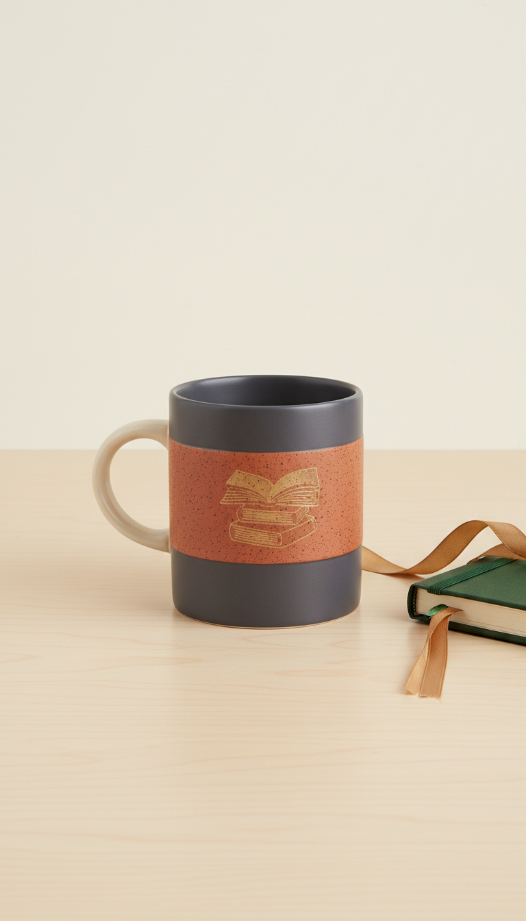 Elegant ceramic mug with bookstore branding, Single product focus per shot: books or stationery arranged at a...