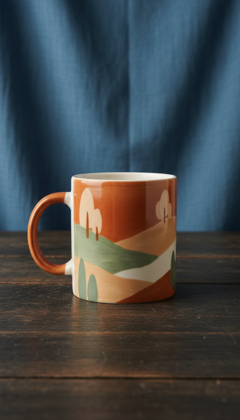 Ceramic mug with sunlit illustration in a new setting