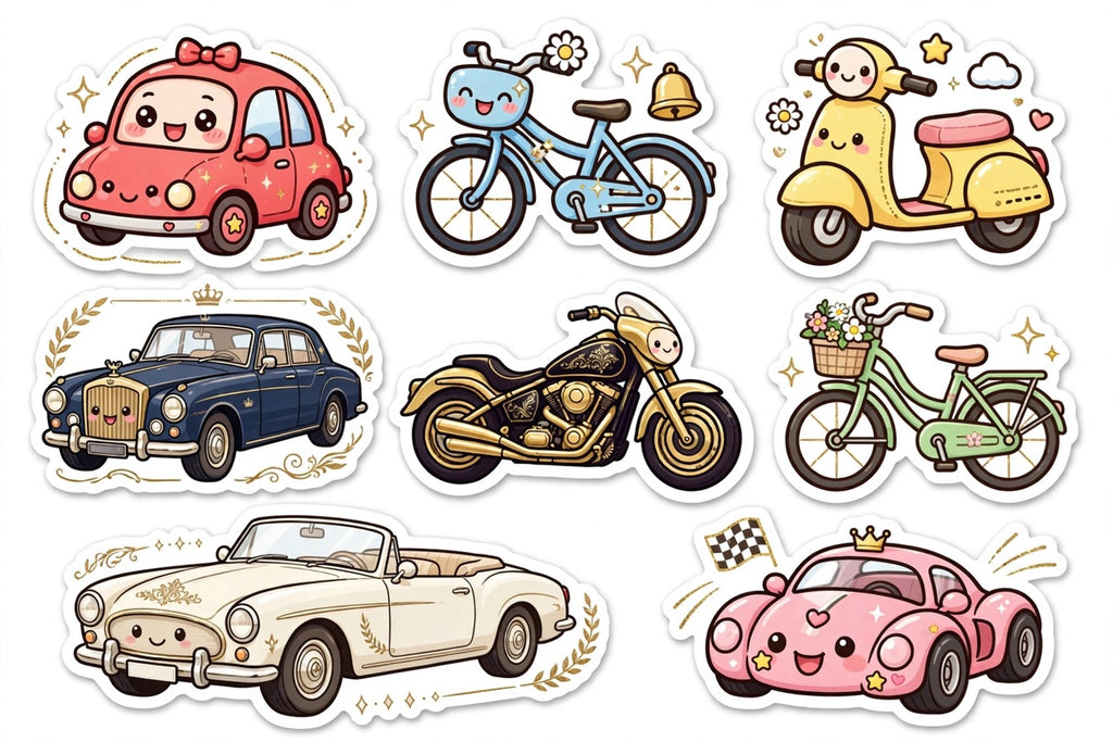 Kawaii Gold Accent Cars Stickers Pack