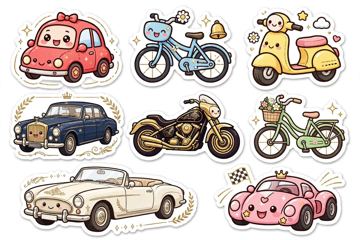 Kawaii Gold Accent Cars Stickers Pack